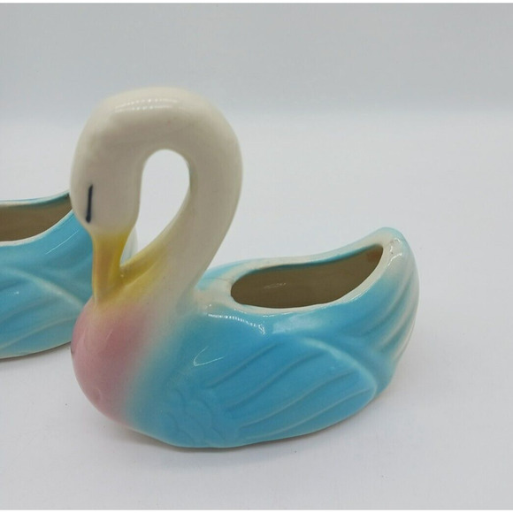 Lovely MCM Pair Set 2 Swan Planters Yellow Blue Pink Ceramic Mid Century Vintage - Picture 3 of 13